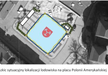 Szkic sytuacyjny mobilnego lodowiska na Placu Polonii Amerykańskiej