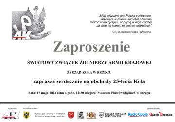 Zaproszenie na obchody 25-lecia Koła Armii Krajowej w Brzegu