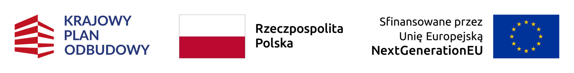 Logotyp Krajowego Planu Odbudowy, barwy Rzeczypospolitej Polskiej oraz znak Unii Europejskiej NextGenerationEU.